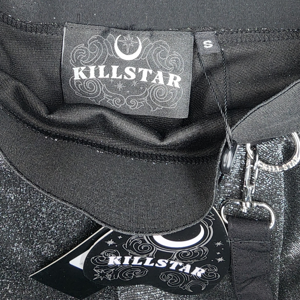 Killstar 'Studio 666' Glittery Black/Silver Skater Skirt with Straps - S - Picture 3 of 4